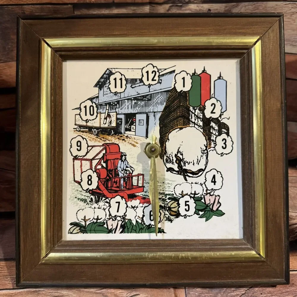 Vintage Cotton Harvest Wall Clock Farmhouse Decor Square Wood Framed Farmer 8.5